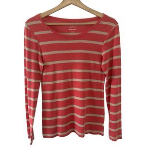 Vintage Old Navy Salmon & Khaki Stripes Long Sleeve T-Shirt Size Medium Y2K 90s